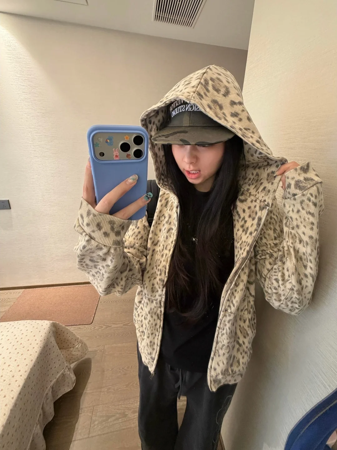Retro American Leopard Print Washed Zipper Hoodie Women's Early Autumn Loose Casual Short Cardigan Jacket Casual Style