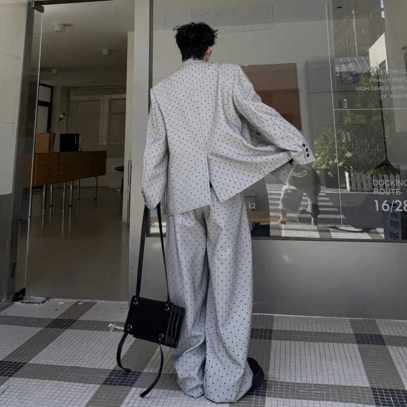 WVGA 2026 Autumn New Men Striped Polka-Dot Patchwork Trendy Blazer Niche Chic Casual Straight Suit Pant Two-Piece Set Ins W28304