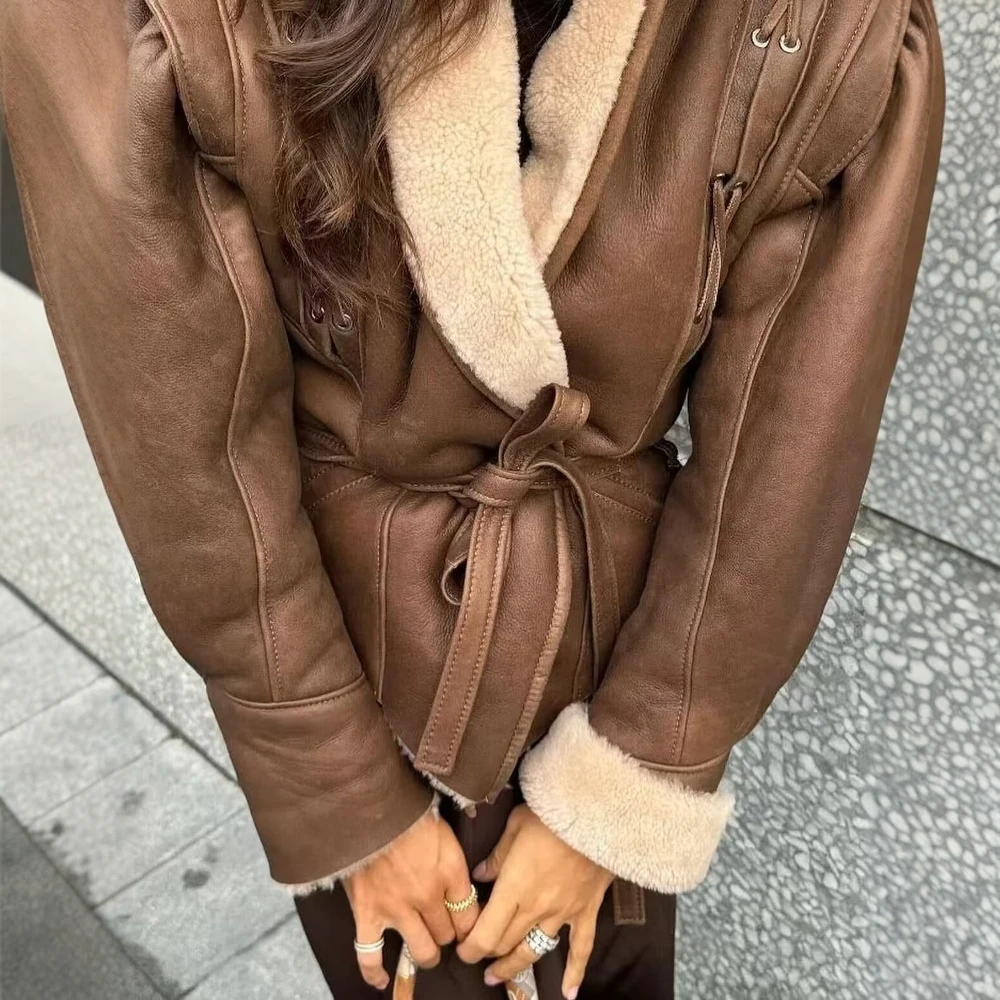 المرأة الخريف الشتاء طويلة الأكمام التلبيب معطف بارد الحلو بلون الصوف الزنانير ملابس خارجية غير رسمية للسيدات