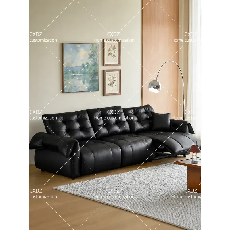 Black Zero Wall Electric Recliner Straight Row Leather Sofa Minimalist Living Room Light Luxury Italian Style Couch