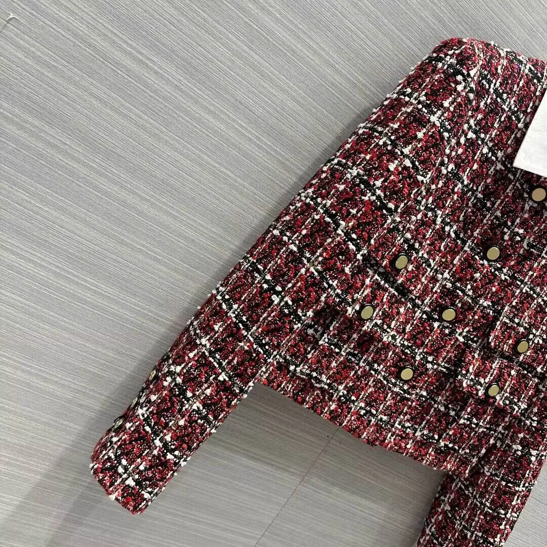 2024 New Fashion Patchwork Turn-down Collar Red Plaid Long Sleeve Vintage Tweed Coat Women Single Breasted Pockets Sweet Jacket