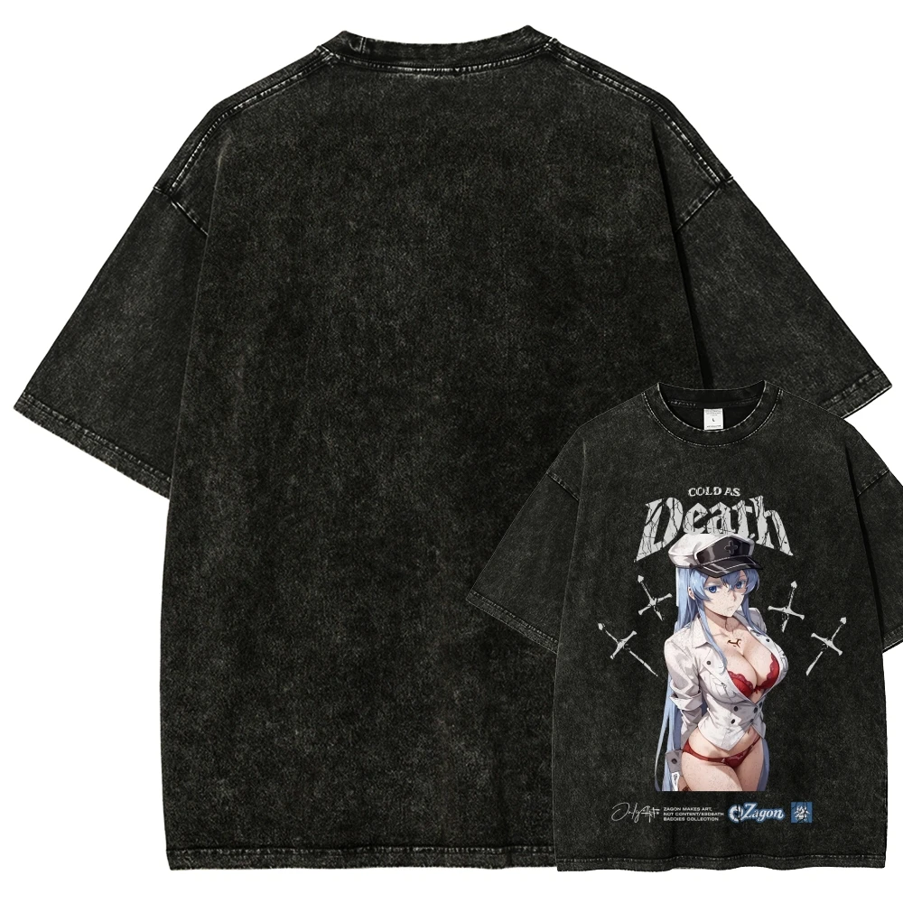 Akame Ga Kill Esdeath Waifu Washed T Shirt Anime Military Uniform Katana Unisex Casual Short Sleeve Crew Neck Harajuku Tee Tops
