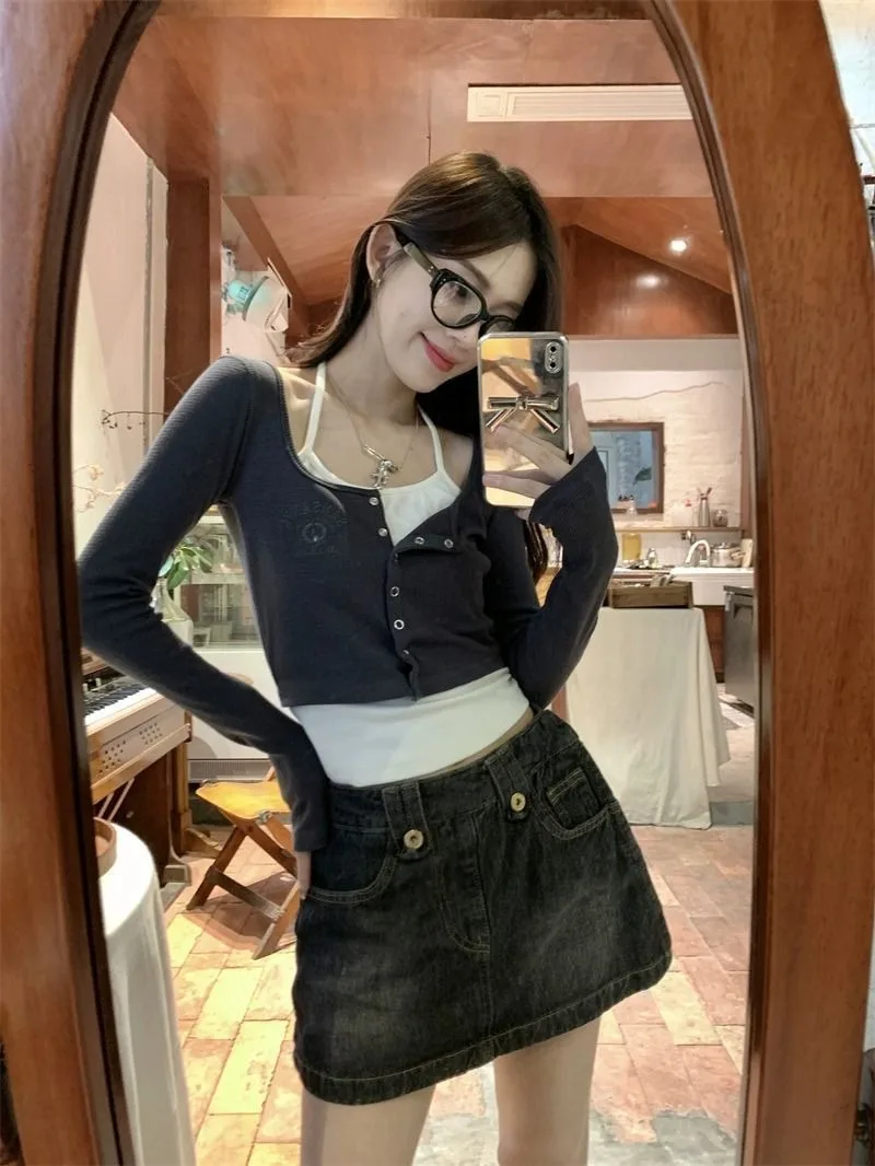Damen Koreanischer Ins-Stil Reines Y2K Hot Girl Neckholder Langarm-T-Shirt Frühling Herbst Neues Slim-Fit Schulter-Fake-Zweiteiler-Oberteil – Detail 19