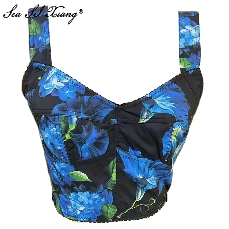 Seasixiang Fashion Designer Spring 100% Cotton Tops Women Dark Night Blue Morning Glory Flower Vintage Backless Tops