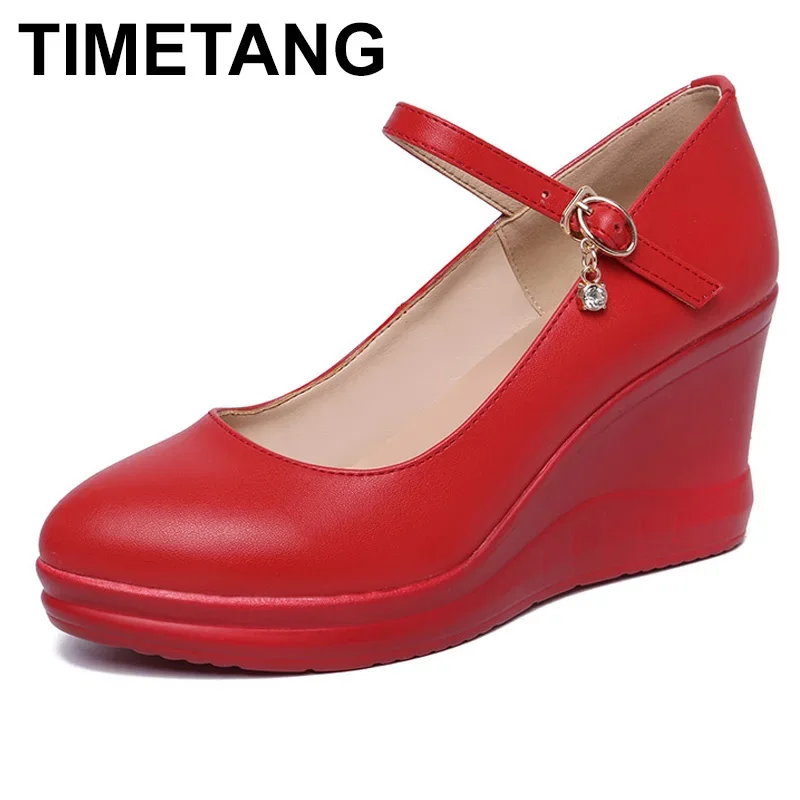 TIMETANG Plus Size35-43 Wedges Platform Shoes for Women Wedding Shoes White Red Spring High Heels Pumps Ladies office shoesE1249