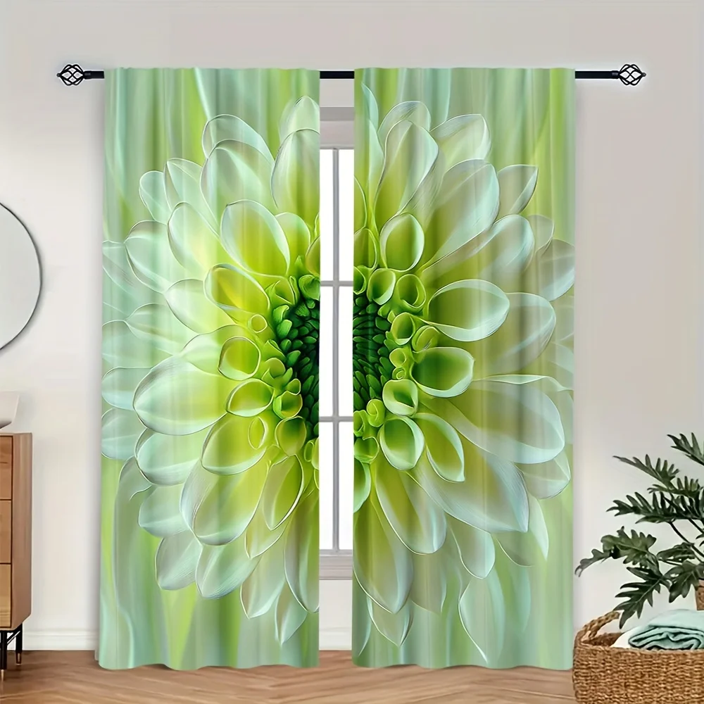 2pcs Spring Floral Lime Green Chrysanthemum Window Curtains Light Filtering Modern Drapes For Living Room Bedroom Home Decor