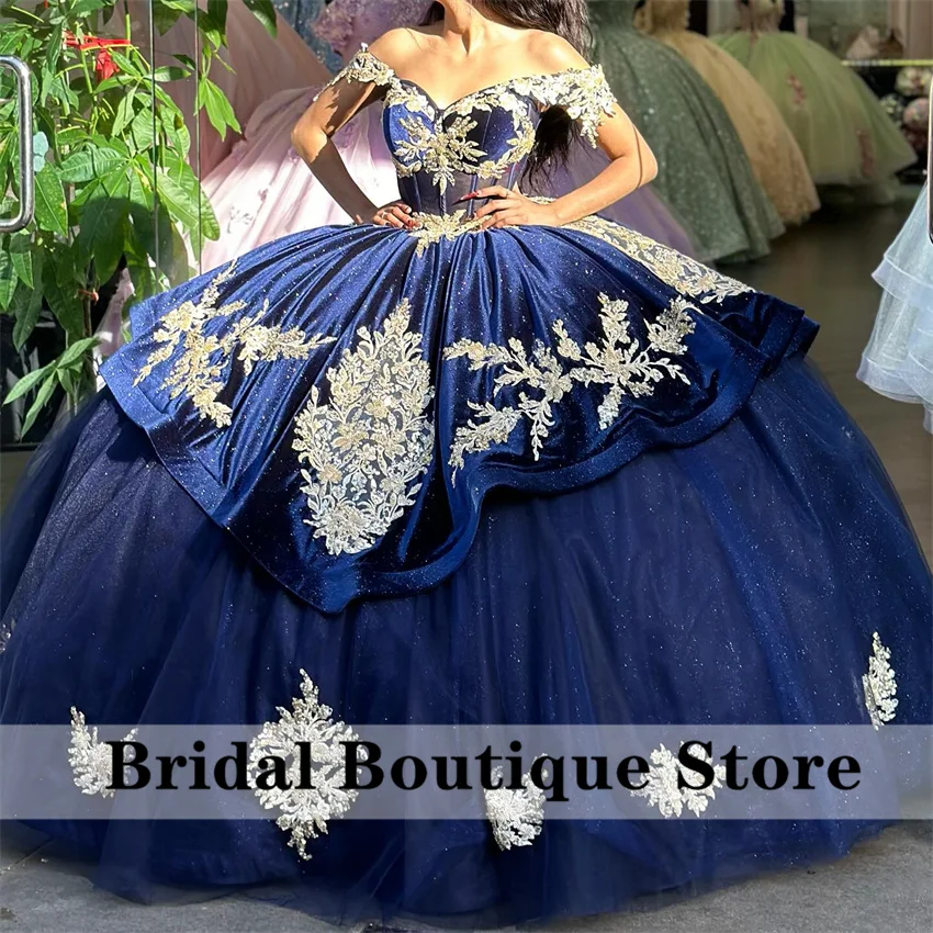 

Luxury Navy Blue Quinceanera Dresses Glitter Beads Crystals Birthday Party Wedding Sweet 16 Dress Vestidos Ball Gown