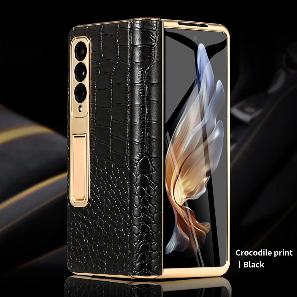 LANGSIDI Leder-Handyhülle für Samsung Galaxy Z Fold 7, 6, 5, 4, 3, Fold6, Fold7, vergoldet, magnetisches Scharnier, Ständer, Rückseite mit Spiegelfolie 4