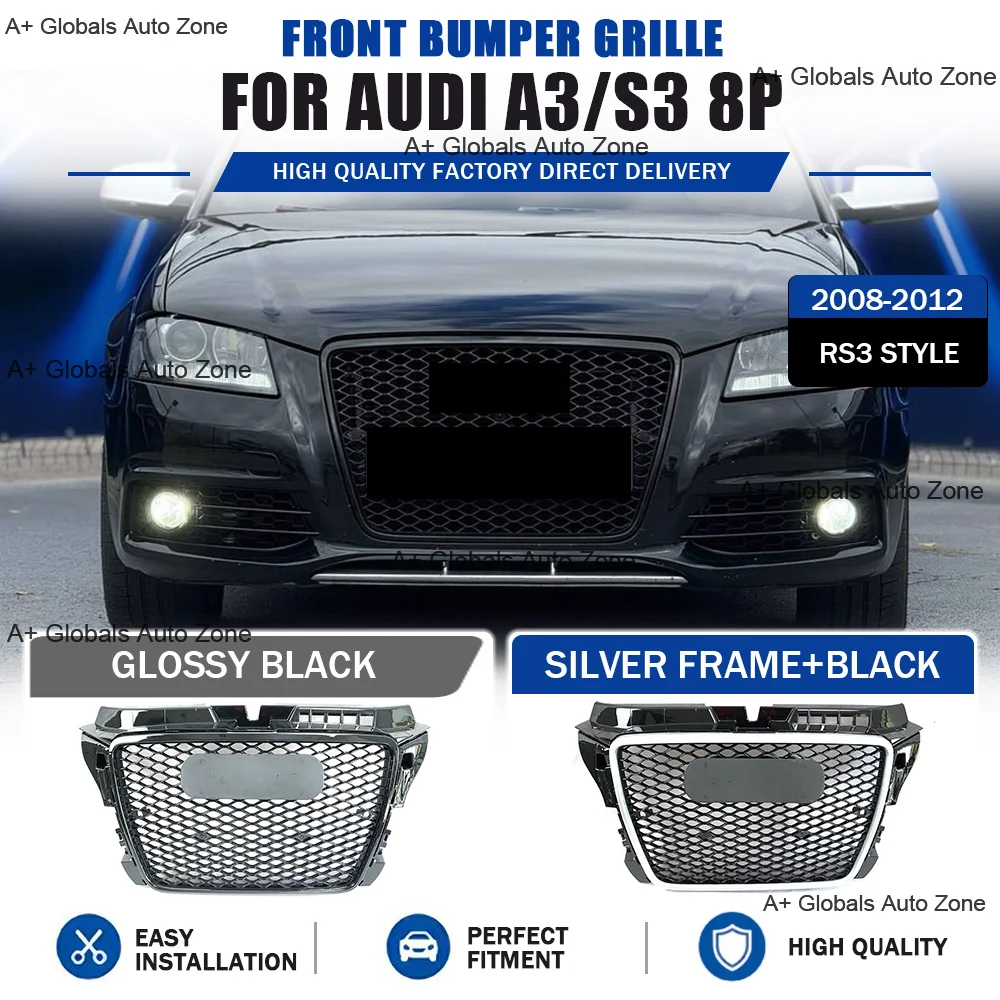 Glänzend schwarzer RS3-Style Wabengitter-Frontstoßstangengrill für AUDI A3 S3 8P 2008-2012 Chrom-Renngrills Oberer Kühlergrill