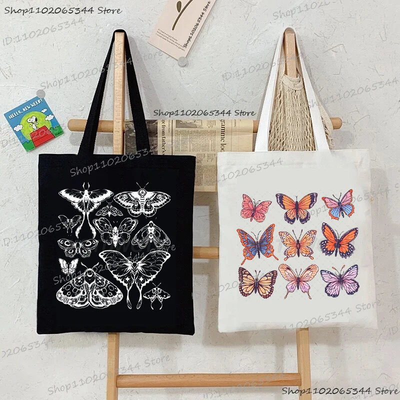 Vintage Butterfly Canvas Tote Bag Fashion Insect Lover Shopping Bags Portable Shoulder Bag Harajuku Butterfly Women's Handbags