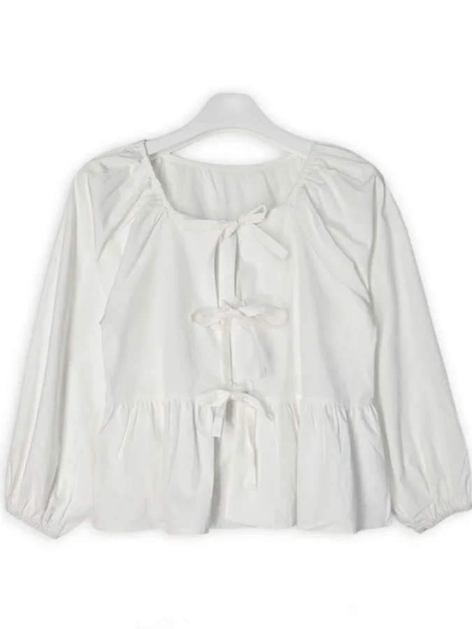 เสื้อเชิ้ตยาวทรงสวยเก๋สำหรับผู้หญิง ดีไซน์โบว์ผูกสไตล์เกาหลี ทันสมัย เหมาะสำหรับสาวๆ วัยรุ่น ไซส์เล็ก สีพื้น