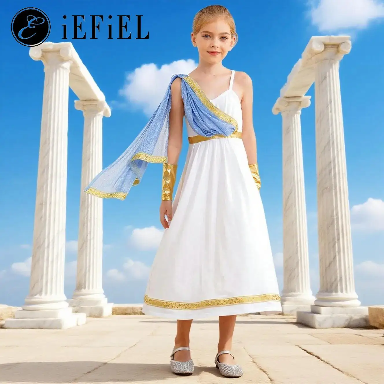 

Girls Ancient Greek Princess Costume Shiny Cape Shoulder Straps A Line Toga Dress with Wristband Halloween Theme Party Dress-up