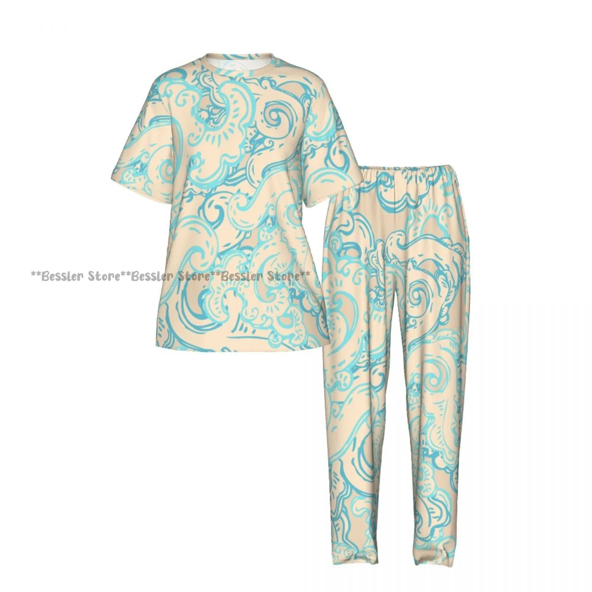 Vintage Floral Oriental Geometric Pattern Pajamas Set Short-sleeved Women Home Clothing