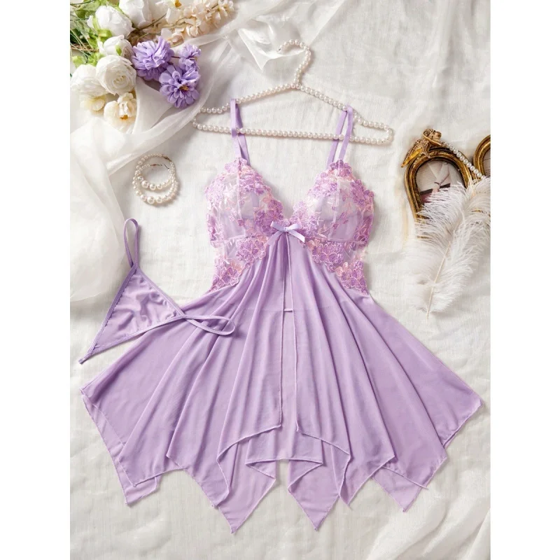 2 Pieces Light Purple Sling Mesh See Through Lace Trim For Women Female Ladies Charming Alluring Attractive Erotic Lingerie Set