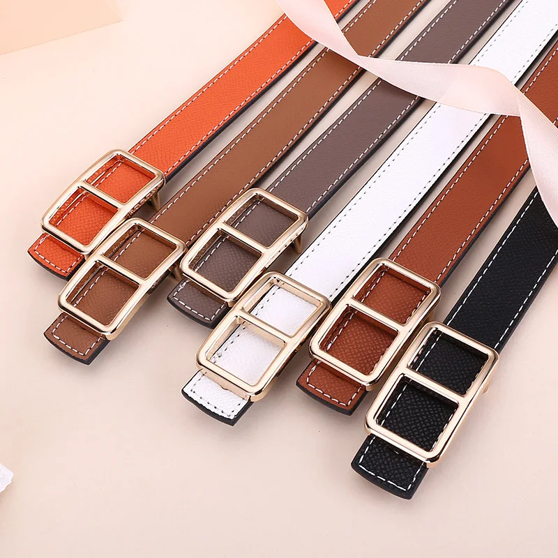 Women's belt made of textured cowhide, double-sided, with a square smooth buckle, simple and versatile, suitable for jeans