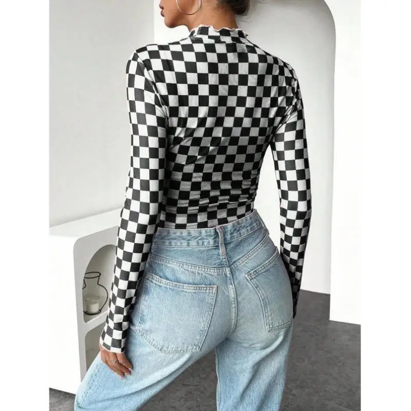 スリムフィットカジュアルチェック柄ロングスリーブトップP 96032新作クロスボーダースタイルレディースファッション春2026裏地付きセブンスリーブ...
