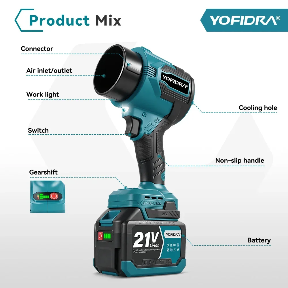 YOFIDRA 2IN1 350M/S Bürstenloser Elektrischer Turbo-Luftgebläse-Akku-Jetventilator für Blatt- und Schneesaugung sowie Blasen, Elektrowerkzeug für Makita 21V Akku – Detail 5