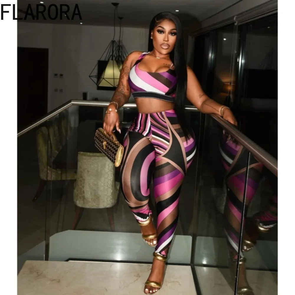 

FLARORA Fashion Colorful Print 2 Pcs Sets Woman Square Neckline Crop Tank Tops And Skinny Pants Outfits Midnight Party Clubwear