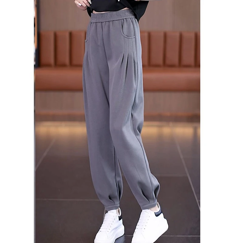 Calça solta feminina com elástico de cintura alta, calça casual lanterna, monocromática, moda que combina com tudo, roupas femininas, outono, inverno