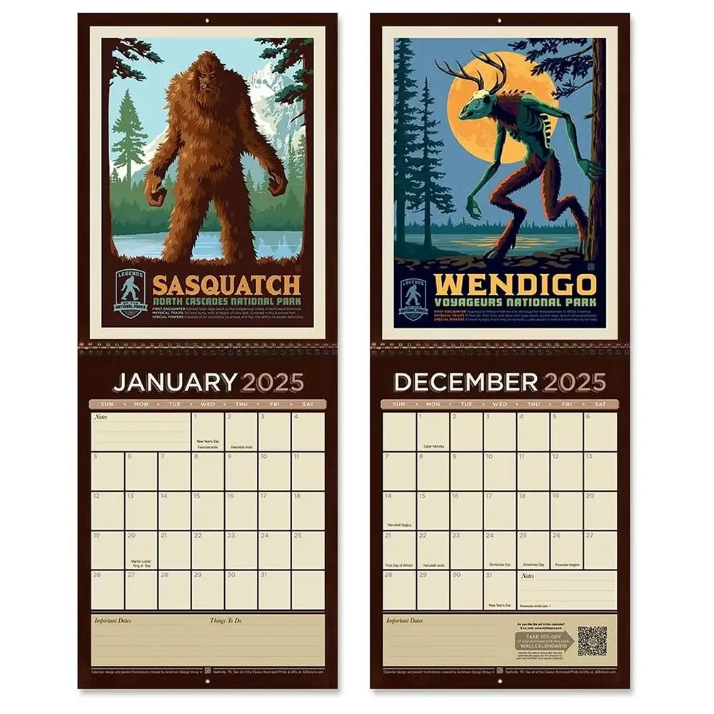 Funny 2025 Wall Calendar Creative 12 Month National Parks Legends Calendar Animals Myths Fantasy Hanging