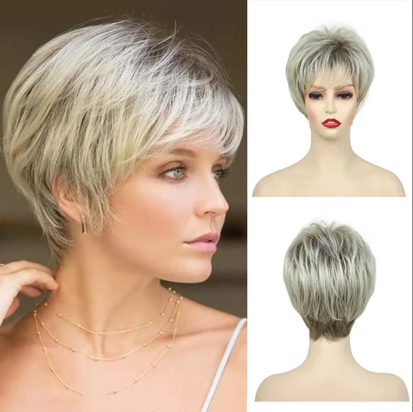 

Synthetic Short Straight Wig for Women Wigs With Bangs Mixed Light Gold Wig Daily Use Heat Resistant Fiber