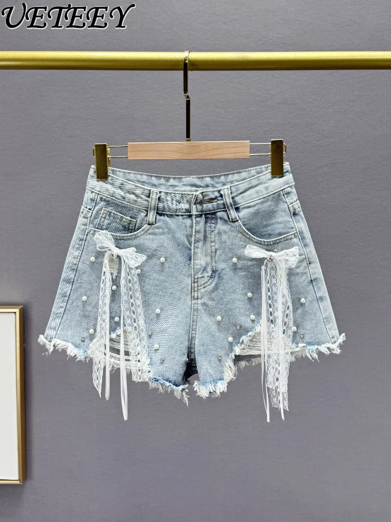 

Ripped Diamond Denim Shorts Women's Hot Pants Summer New High-waisted European Station Rough-edged Wide-leg Short Jeans