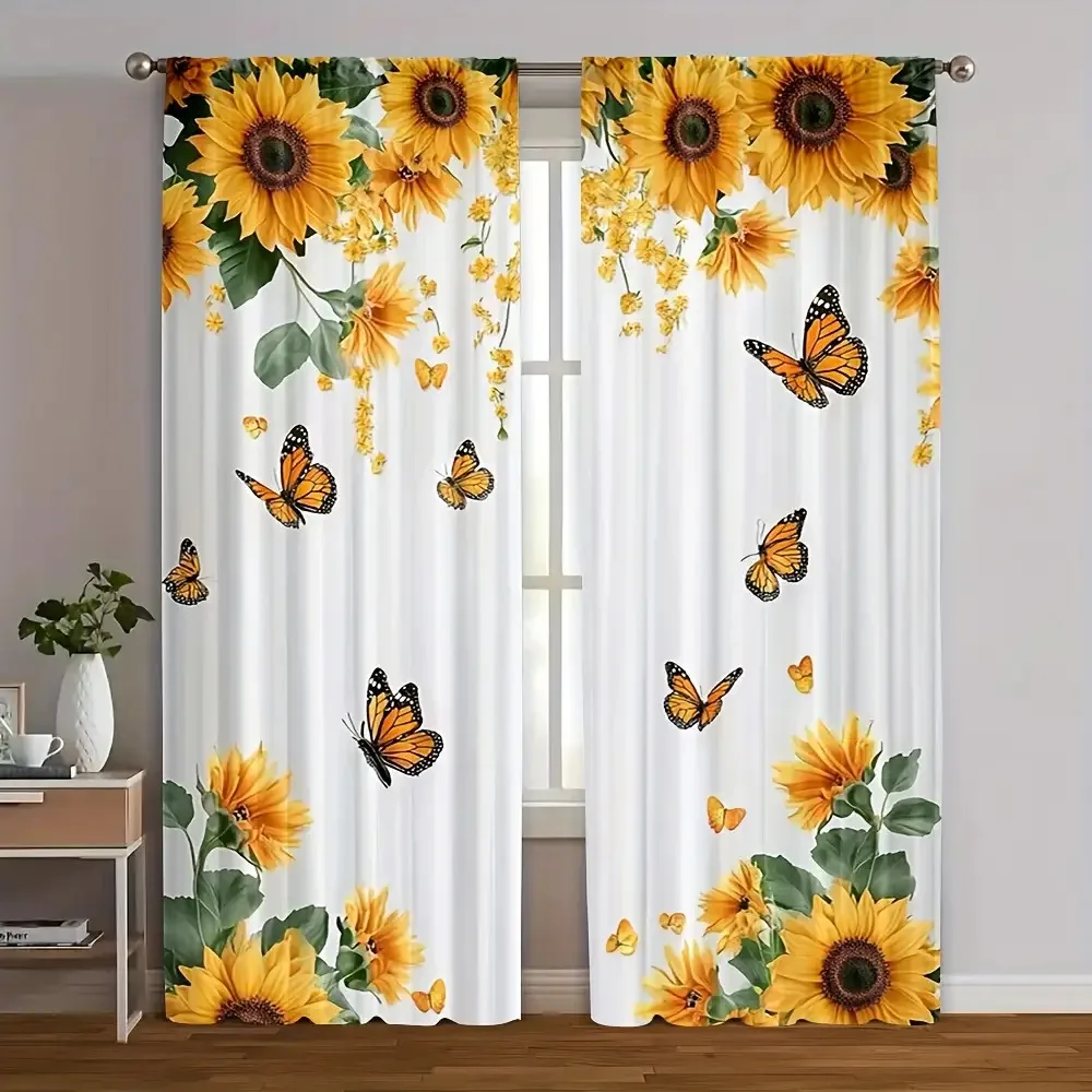Sunflower Butterfly Curtains Bright Garden Drape with Yellow Bloom & Fluttering Wings for Kitchen Dining Room Window Treatment