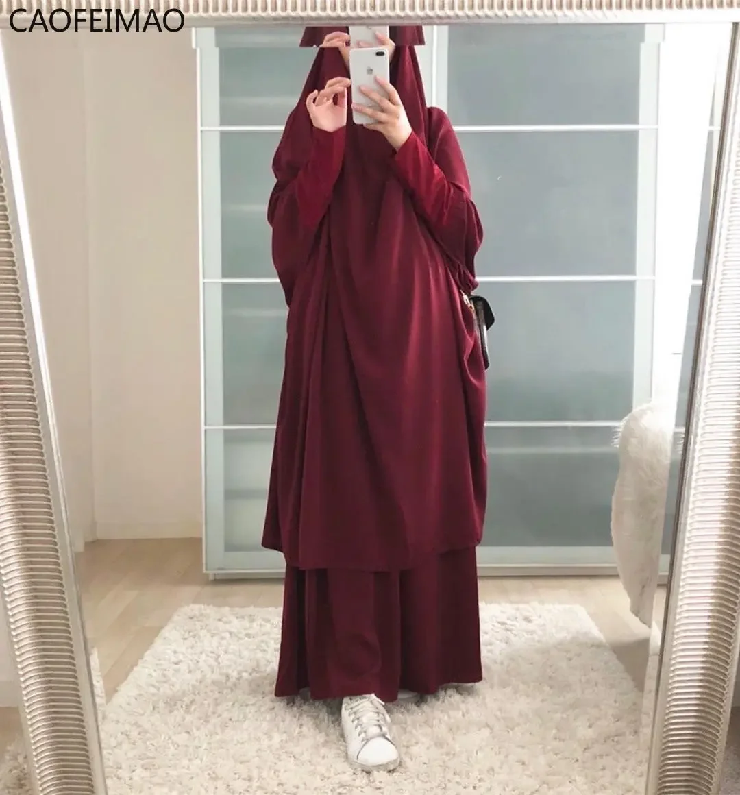 

Women Abaya Ramadan 2 Piece Skirt Suits Jilbab Prayer Garment Dress Khimar Hijab Robe Islam Abayat Muslim Sets Islamic Clothing