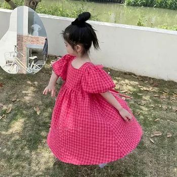 Rose Pink Plaid Bow Dress 3 Bear Leader Rose Pink Plaid Bow Dress Elegant Lolita Child Big Girls Midi Dress Children Dresses Teens Party Princess Sundress 3