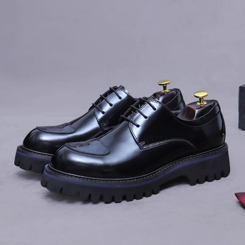 Men's Lightweight Derby Shoes Splicing Design Cowhide Thick Sole Personalized Trendy Internet Famous New Leather Footwear
