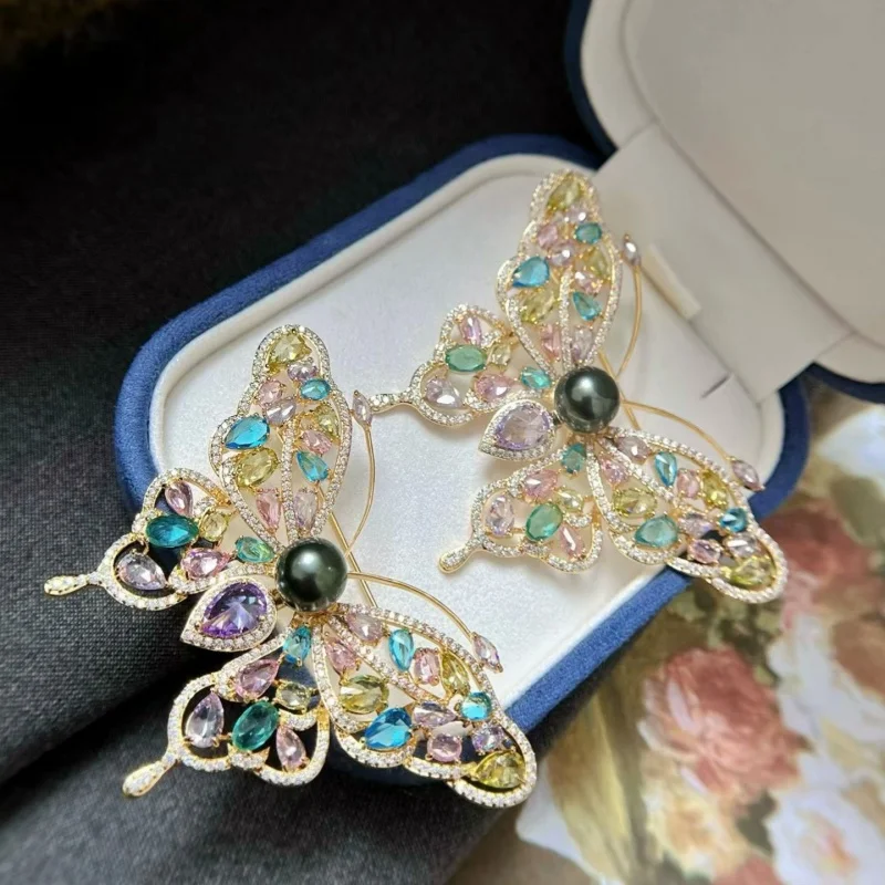 

SGARIT Jewelry Colorful Zircon Inlay Women's Brooch 925 Sterling Silver Natural Tahitian Pearl Butterfly Butterfly Lapel Pins