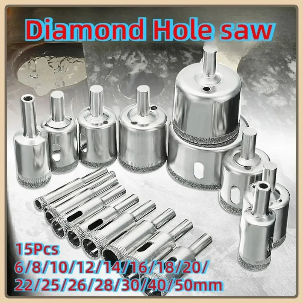 15pcs 6-50mm Diamond Coated Hole Saw Drill Bit Cutter Core Shaft Tool Kit for Ceramic Porcelain Glass Marble сверло ступенчатое