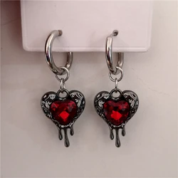 Gothic Vintage Aesthetic Y2k Red Heart Pendant Dangle Earrings For Women Stainless Steel Jewelry EMO Grunge Rave Accessories