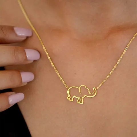 Stainless Steel  Elephant Pendant Necklace For Women Jewelry Geometric Hollow Choker Long Chain Necklaces Collares Para Mujer