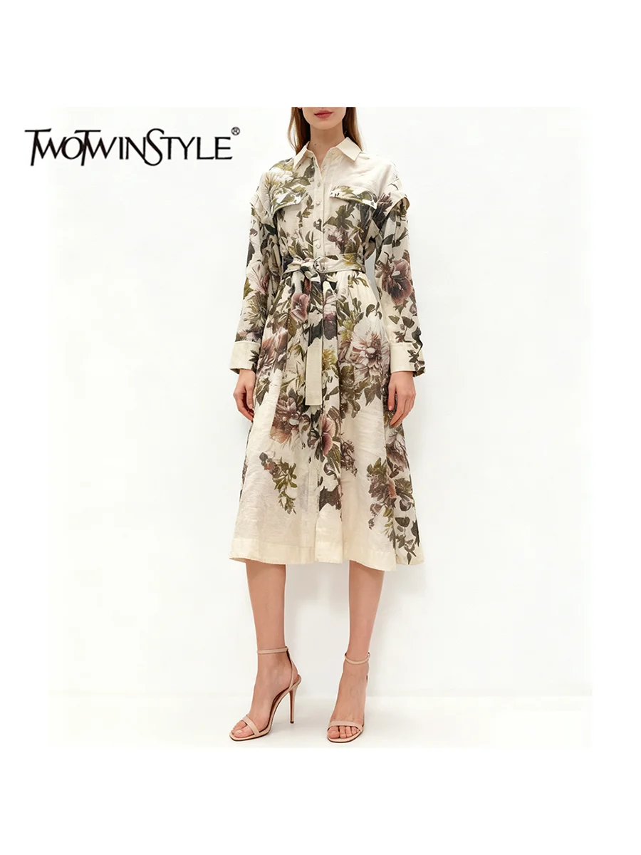 

TWOTWINSTYLE Hit Color Printing Spliced Lace Up Temperament Dresses for Women Lapel Long Sleeves Patchwork Buttons Dress Female
