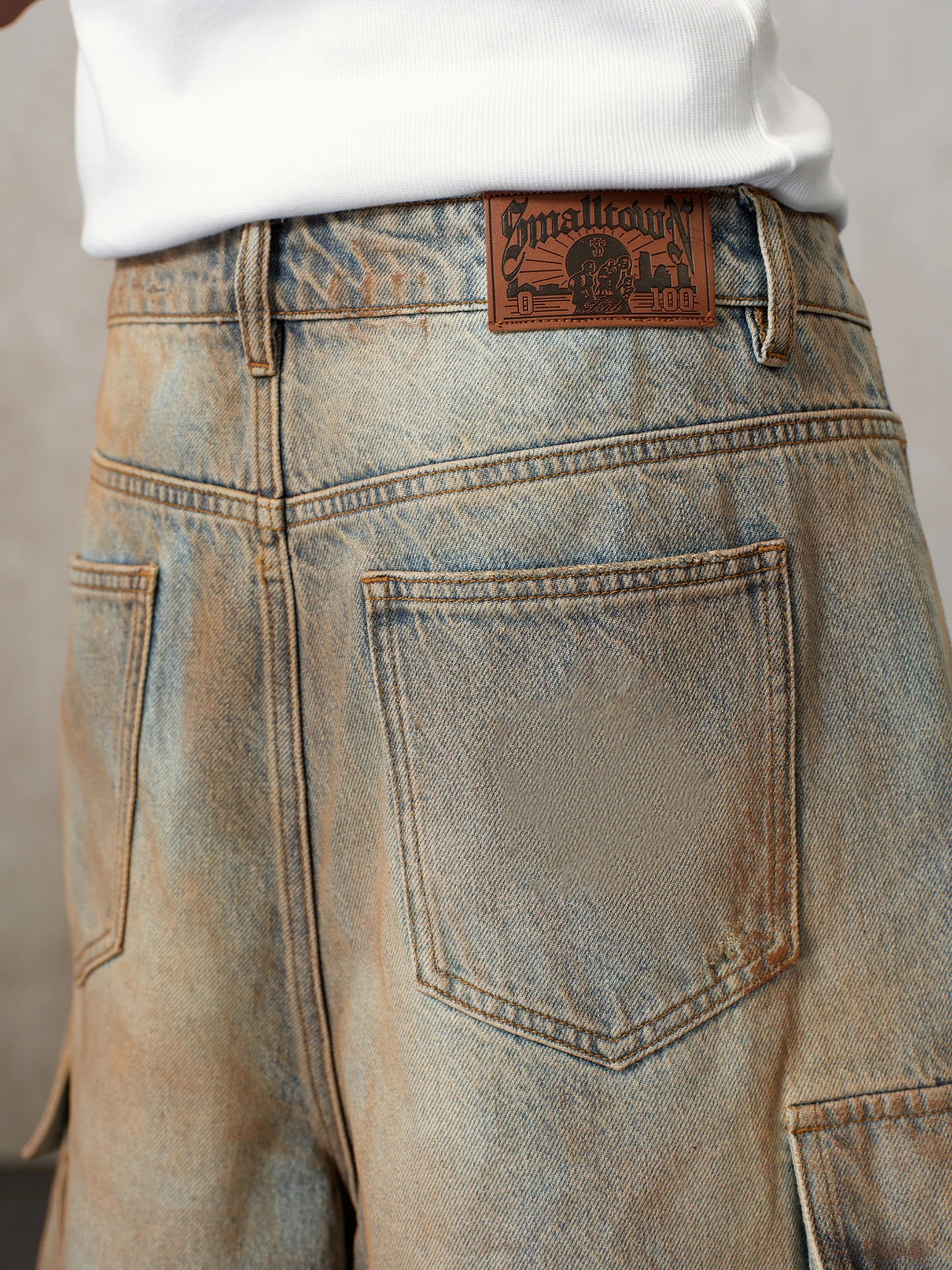 STK SmallTownKid American Retro Dirt Washed Workwear Shorts Five-Point Hole Jeans Straight Leg Cotton Polyester Blend Shorts