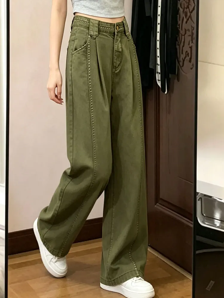 American Style Retro Military Green Wide Leg Jeans Women's High Waist Loose Slimming Casual Knife  Denim Pants Summer 2026