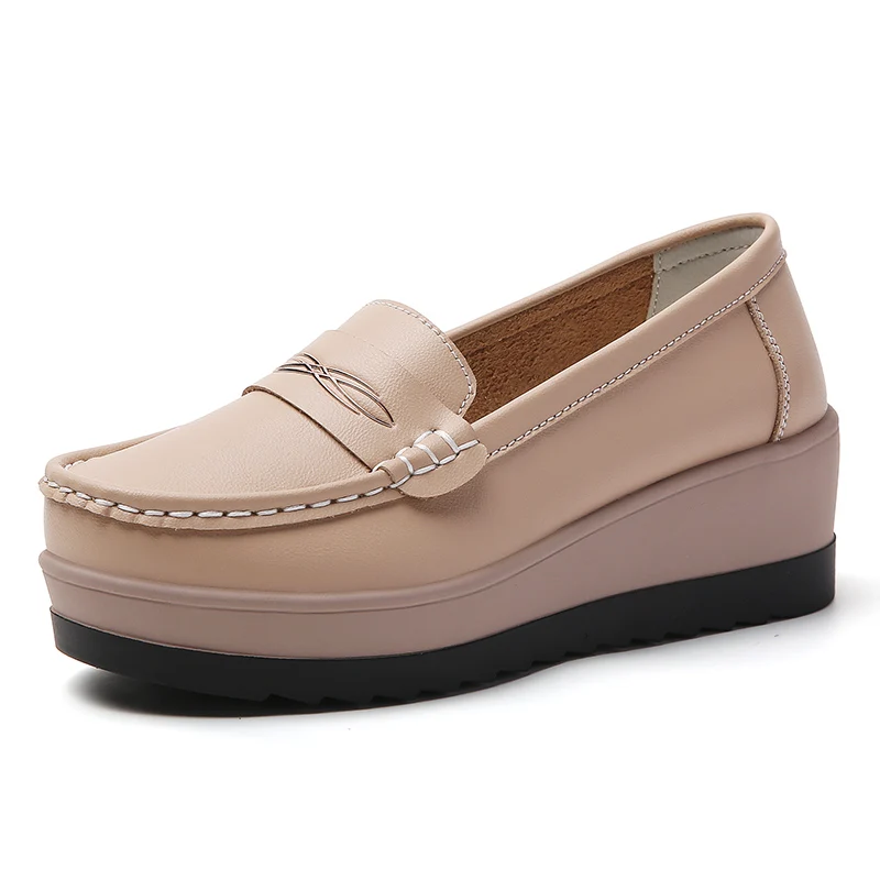 100% de piel de vaca de alta calidad, zapatos antideslizantes de talla grande para mujer, mocasines informales a la moda para mujer, zapatillas de deporte de suela gruesa para mujer