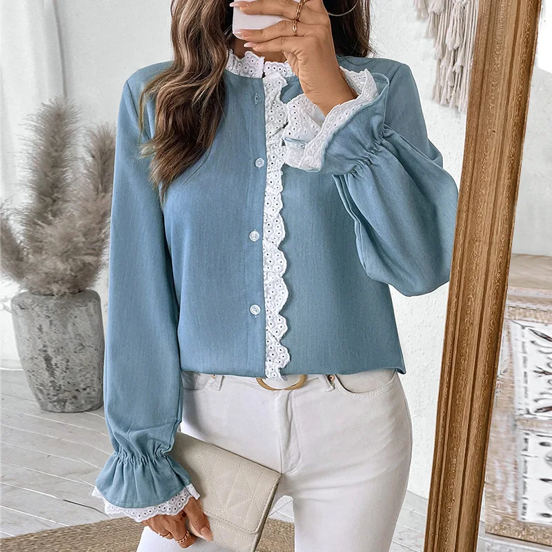 2025 New Spring And Autumn Cardigan Single Breasted Lace Collar Blue Shirt For Women