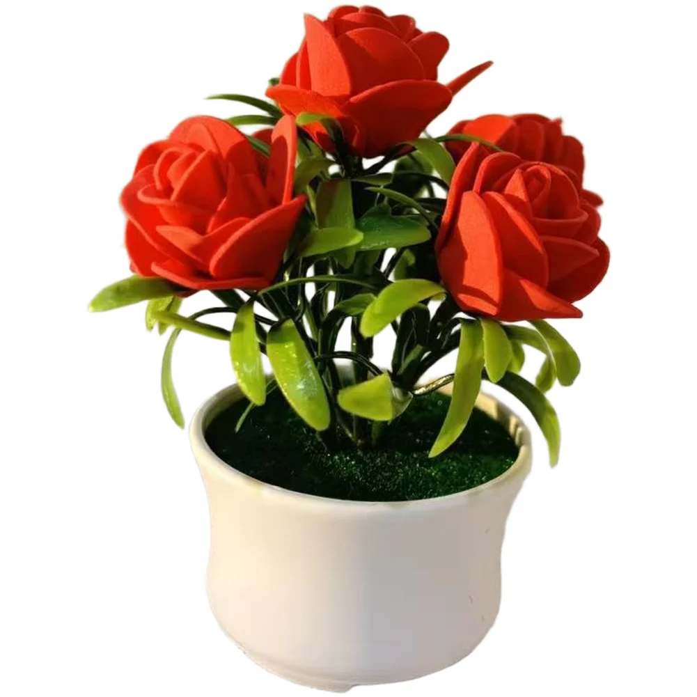 Artificial Potted Rose with Foam Petals for Tabletop Decor Home Living Room Bedroom Office Indoor Floral Arrangement