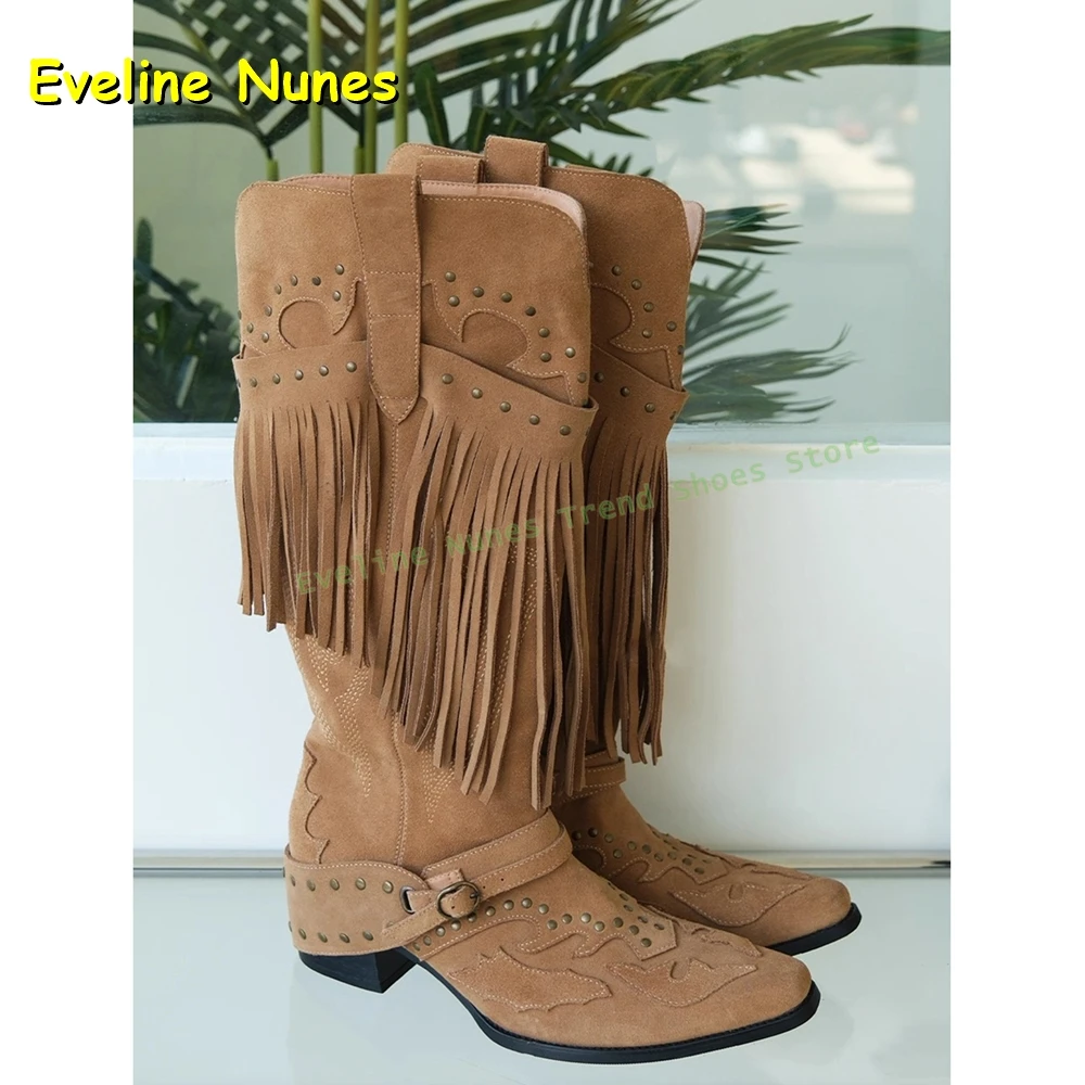 Women's Fringe Western Cowboy Boots Pointed Toe Suede Studded Knee High Cowgirl Boots for Country Concert & Festival 2026 Trend