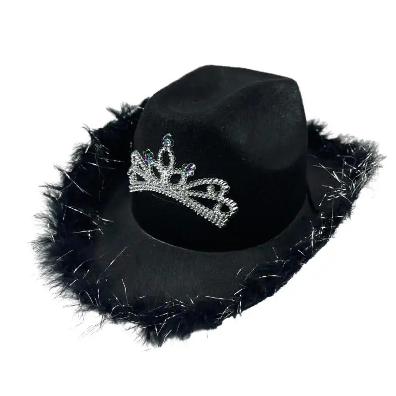 

652F Cosplay Party Cowgirl Hat for Women Furry Brim Cowboy Hat Fashion Music Festival Fedoras Hat Crowns Top Cap