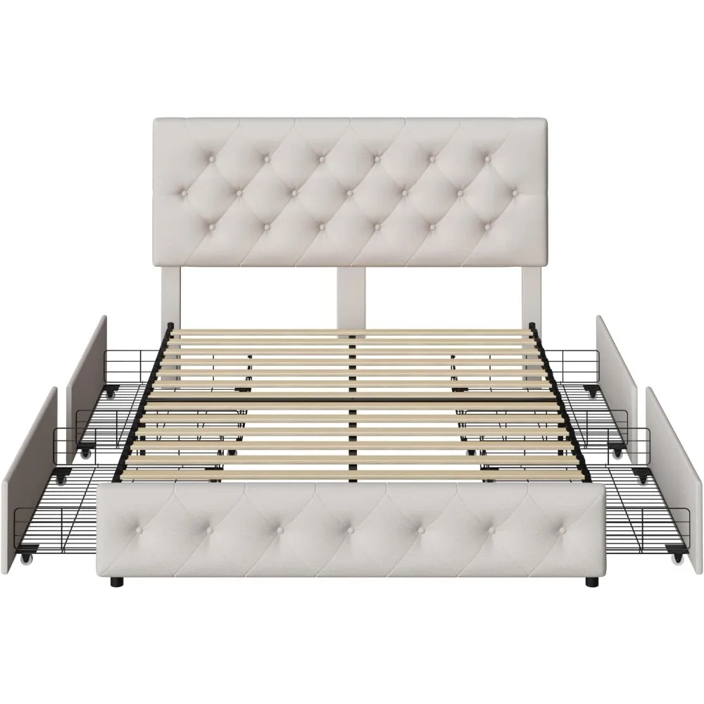 Estrutura de cama queen com 4 gavetas de armazenamento e cabeceira ajustável, cama de plataforma estofada com design capitoné de botão, creme