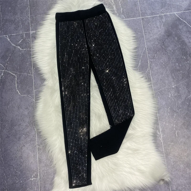 2024 High Quality Spring Autumn Women Knitted Leggings Full Diamonds Hot Drilling Stretch Skinny Pants Ankle-length Slim Legging