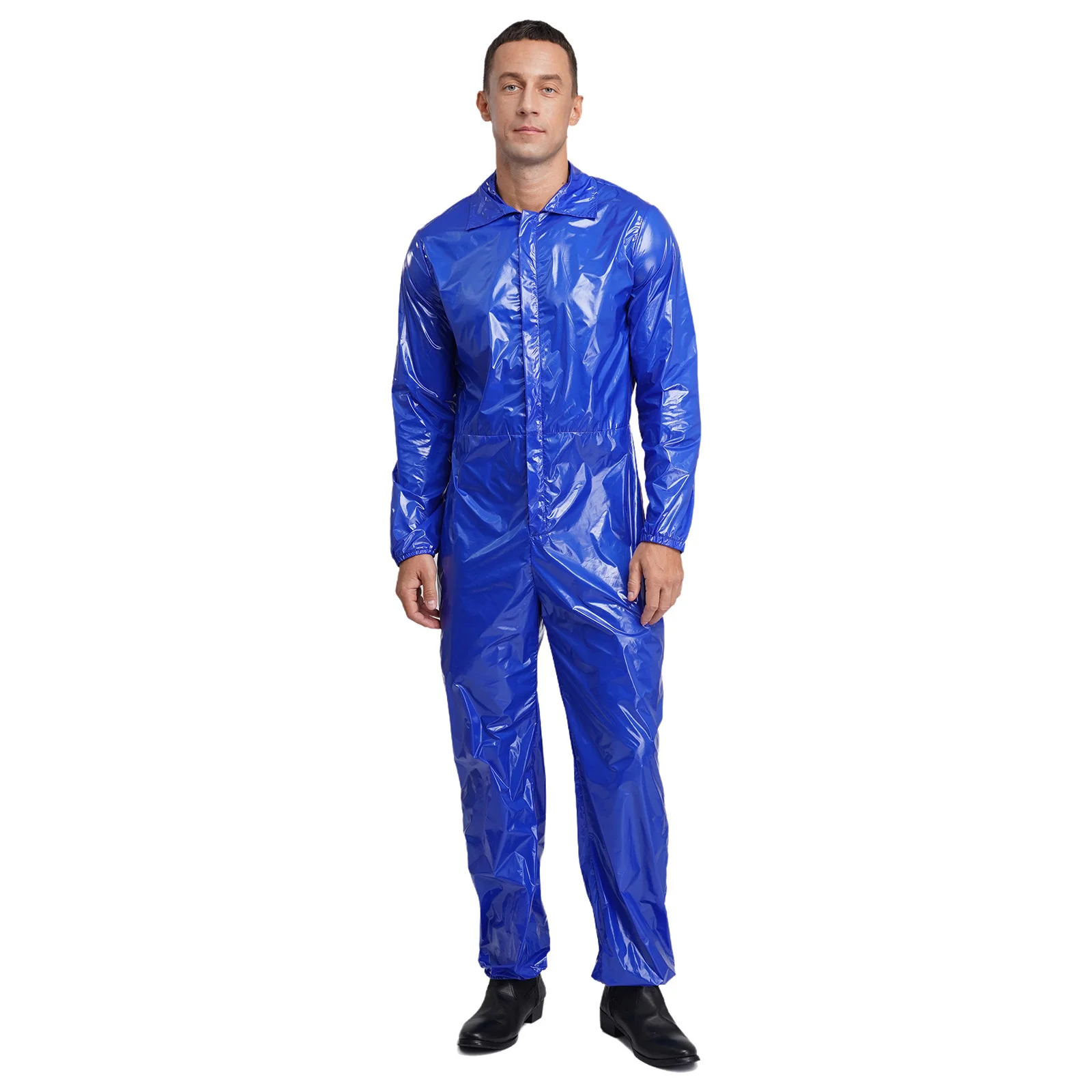 Mens Factory Workshop Costume Water Resistant Coveralls Workwear Glossy Turn-Down Collar Long Sleeve Zipper Overalls Jumpsuit