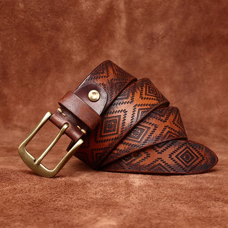 Men's Genuine Leather Belt Laser-Engraved First-Layer Cowhide with Pin Buckle Personalized Trendy Casual Accessory for Adults