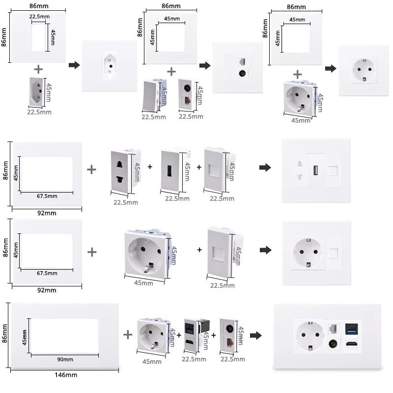 Wall EU Brasil Chile Socket + Satellite TV CAT6 Internet Jack, HDMI-compatible 2.0 & USB 3.0 Type-C Charger Connector DIY Module