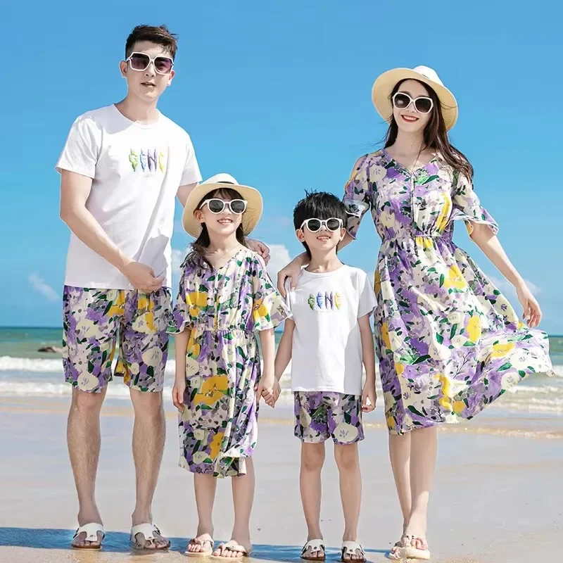 

Family Vacation 2024 Summer Clothes Mother and Daughter Girl Dress Father and Son Boy Matching T Shirts Two Piece Outfits Sets