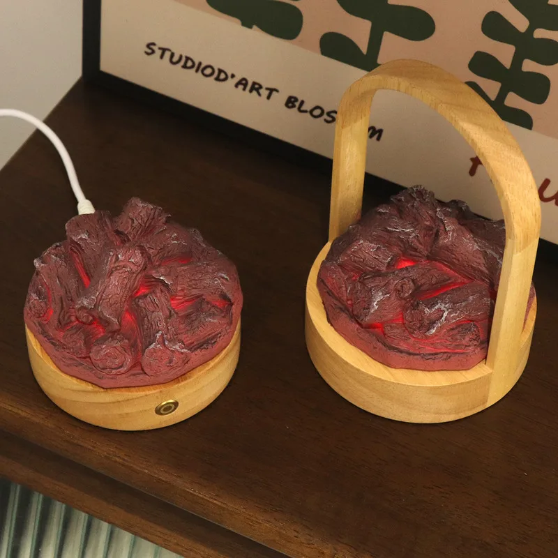 Simulation Resin Flame Lamp Rubber Wood Tabletop Decor Night Light With Rechargeable Battery Box Breathing Light Effect