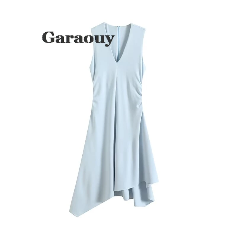 Garaouy Women 2024 Summer New Fashion Casual Vest Dress Vintage Sleeveless Chic V-Neck Joker Pleated Long Dresses Vestidos Mujer